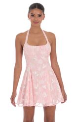 Picture of Floral Striped Halter Open Back Dress in Black and White