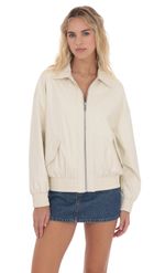 Product image for Woven Faux Leather Bomber Jacket in Ivory