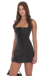 Product image for Denim Polka Dot Bow Dress in Washed Black