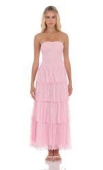 Picture of Lace Ruched Ruffle Maxi Dress in Pink