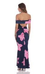 Picture of Off Shoulder Pink Floral Maxi Dress in Navy