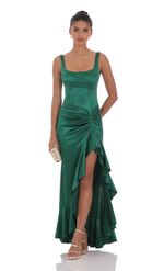 Product image for Satin Ruched Ruffle Slit Maxi Dress in Black