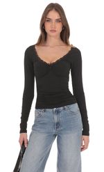 Product image for Lace Trim Long Sleeve Top in Black