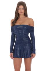 Product image for Off Shoulder Foil Flare Dress in Navy
