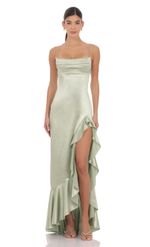 Product image for Satin Ruffle Maxi Dress in Sage