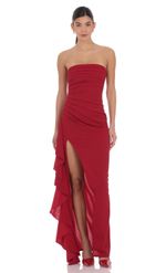 Product image for Strapless Ruched Ruffle Maxi Dress in Pink