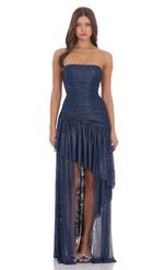 Product image for Foil Mesh Asymmetrical High Low Maxi Dress in Navy