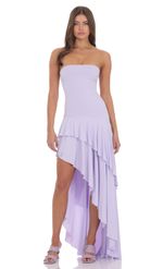 Product image for Strapless Ruffle Asymmetrical Maxi Dress in Lavender