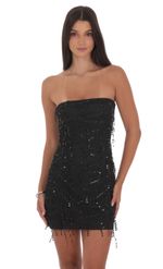 Product image for Strapless Green Sequin Fringe Dress in Black