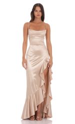 Product image for Satin Ruffle Maxi Dress in Sage