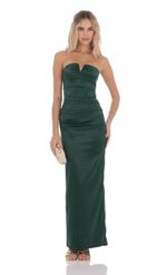 Product image for Satin V-Strapless Maxi Dress in Green