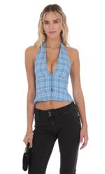 Product image for Plaid V-Neck Halter Top in Blue