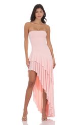 Product image for Strapless Ruffle Asymmetrical Maxi Dress in Baby Pink