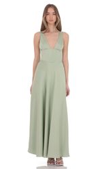 Product image for Satin Plunge Neck Corset Maxi Dress in Sage