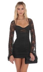 Product image for Lace Ruched Long Sleeve Dress in Black