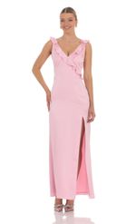 Picture of Satin V-Neck Open Back Maxi Dress in Pink