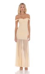 Picture of Mesh Off Shoulder Ruched Maxi Dress in Beige