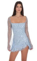 Product image for Sequin Flare Long Sleeve Dress in Light Blue