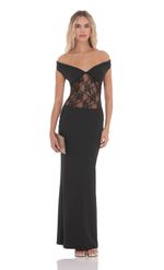 Picture of Off Shoulder Lace Cutout Maxi Dress in Black