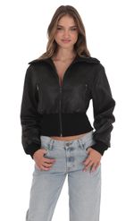 Product image for Cinched Faux Leather Bomber Jacket in Black