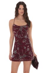 Product image for Floral Beaded Sequin Open Back Dress in Burgundy