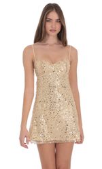 Product image for Sequin Embroidered Floral Babydoll Dress in Gold