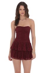Product image for Lace Strapless Ruched Ruffle Dress in Burgundy