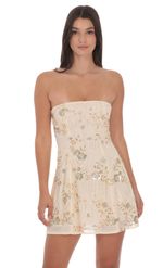 Product image for Gold Sequin Beaded Floral Flare Dress in Cream