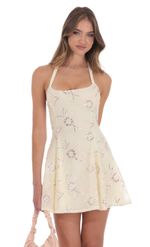 Product image for Floral Striped Halter Open Back Dress in Black and White