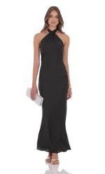 Product image for Satin Cross Halter Maxi Dress in Wine