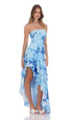 Picture of Floral Strapless Ruffle Asymmetrical Maxi Dress in Blue