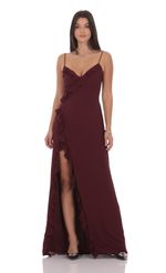 Product image for Ruffle V-Neck Maxi Dress in Burgundy