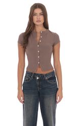 Product image for Ribbed Short Sleeve Button Top in Taupe