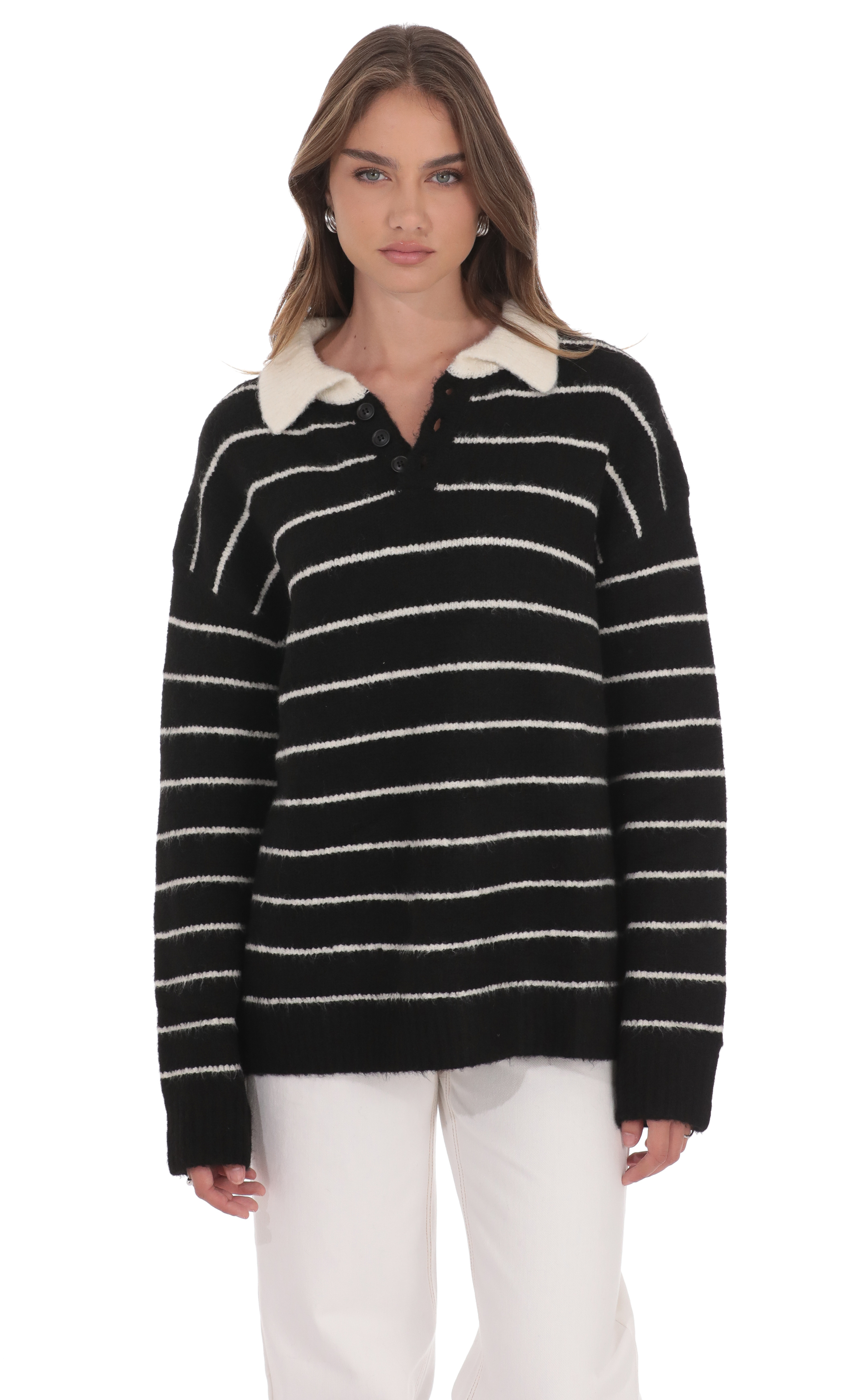 Striped Knit Rugby Jumper in Black