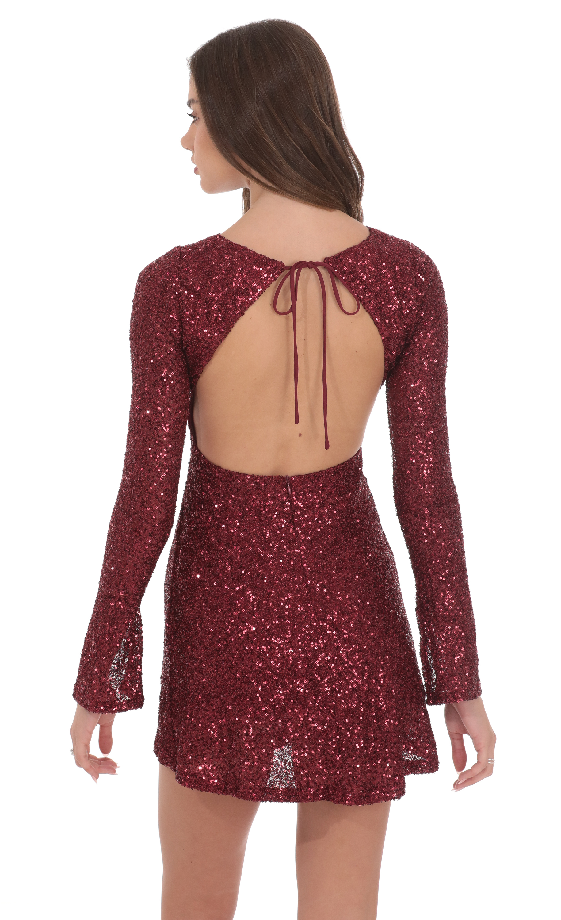 Sequin Long Sleeve Open Back Dress in Maroon Sequin Long Sleeve Open Back Dress in Maroon