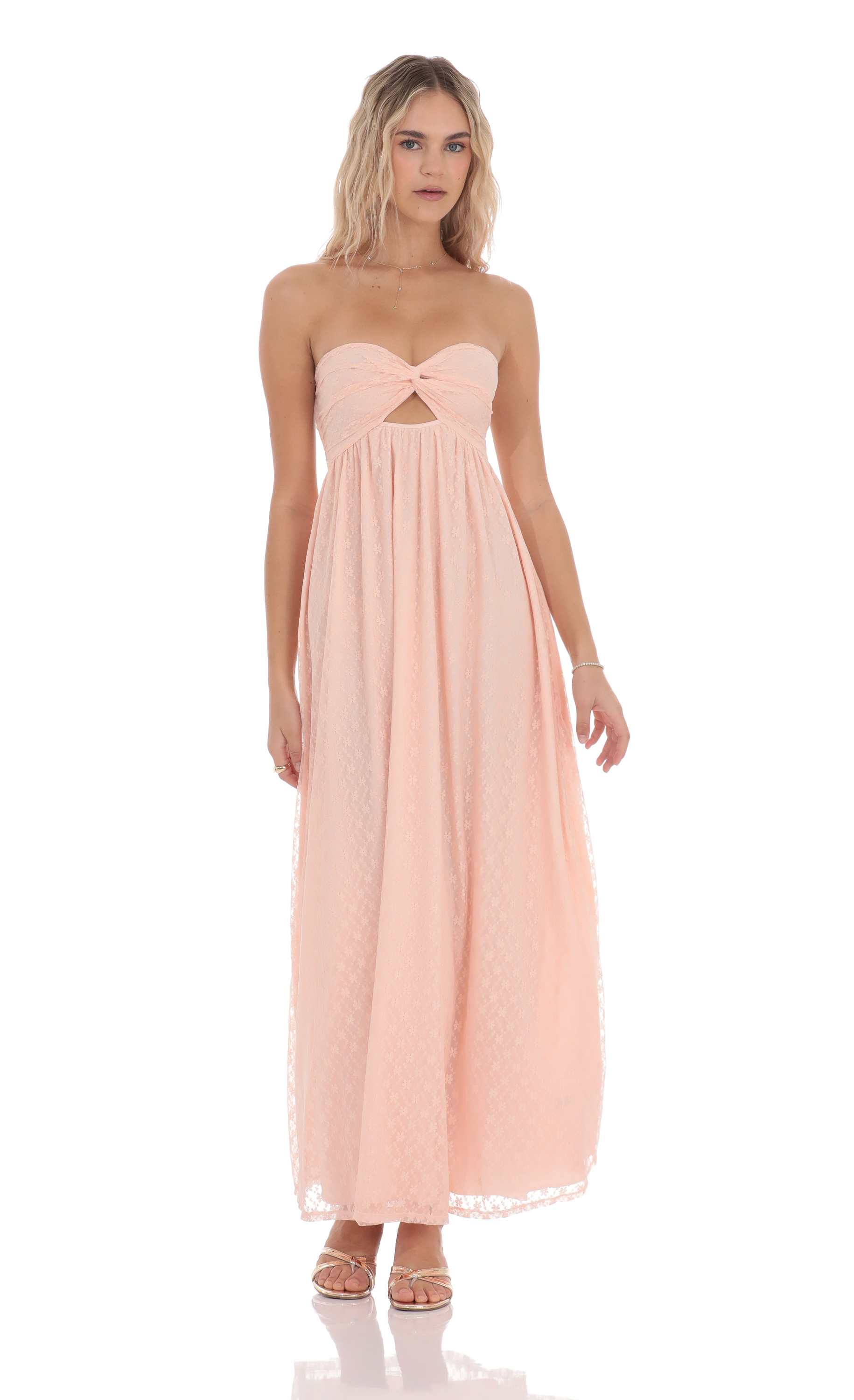 Strapless Lace Cutout Dress in Peach