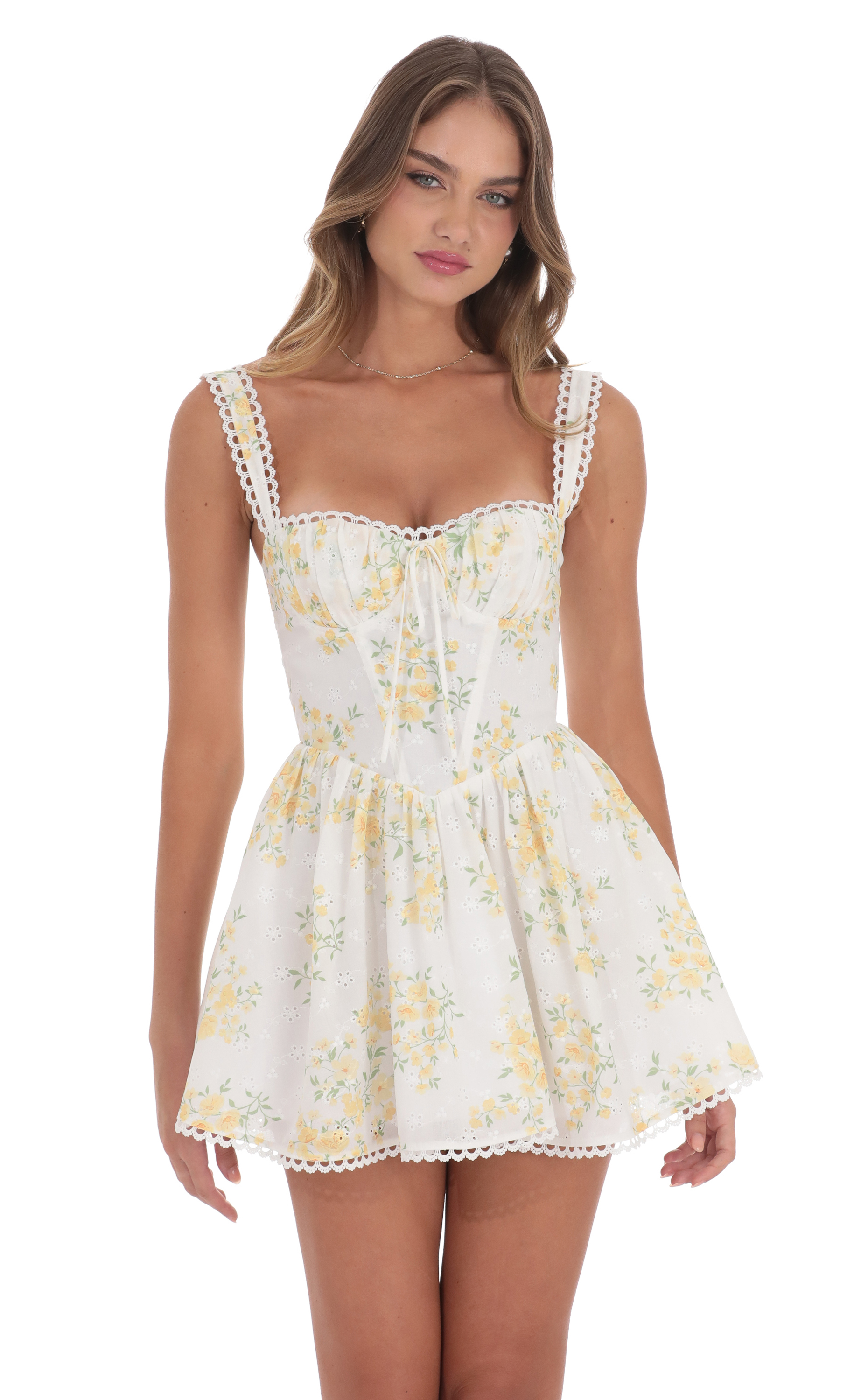 Corset Floral Fit and Flare Dress in White