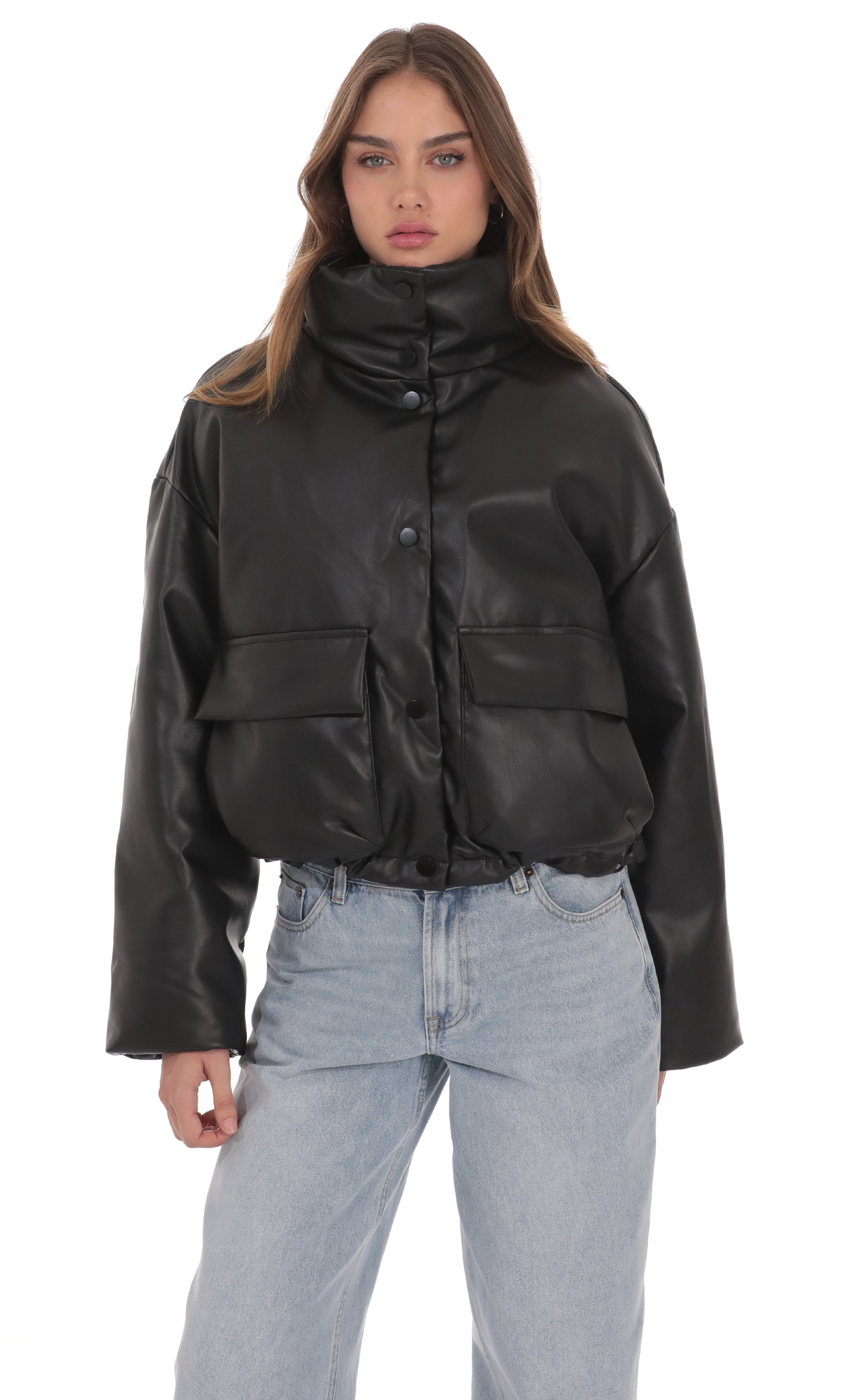 Faux Leather Cropped Puffer Jacket in Black