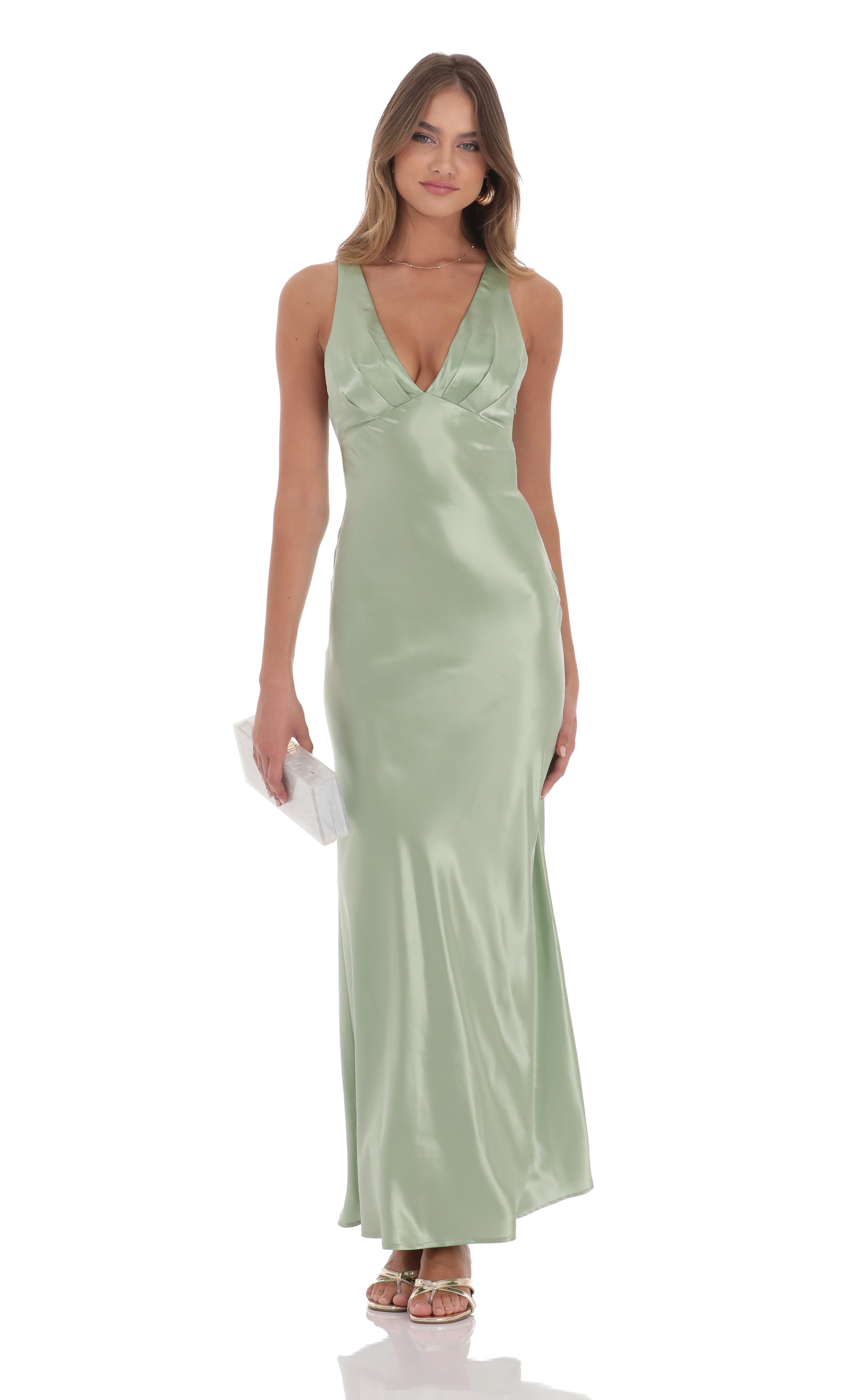 Satin V-Neck Maxi Dress in Sage Satin V-Neck Maxi Dress in Sage