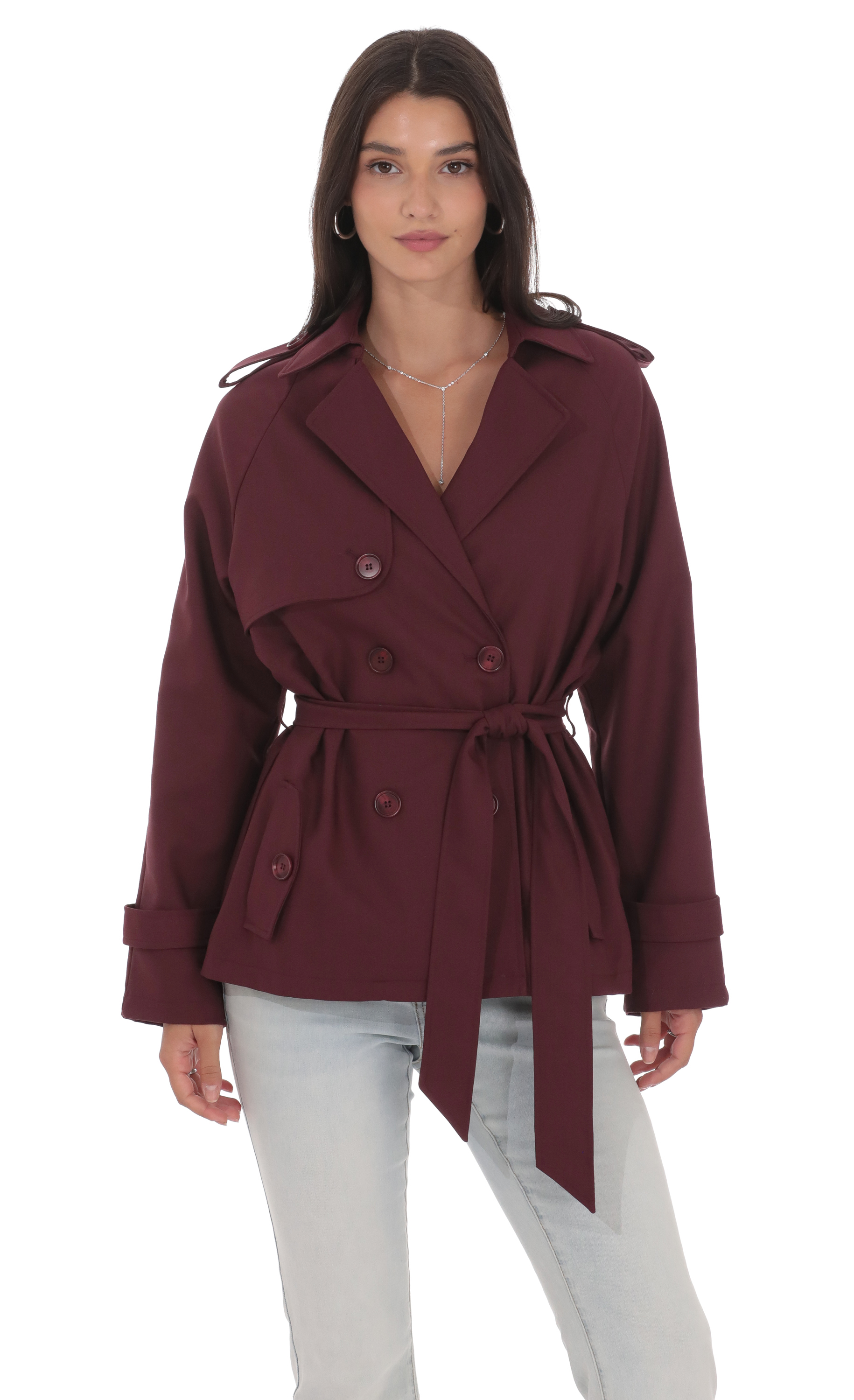 Double Breasted Trench Coat in Burgundy