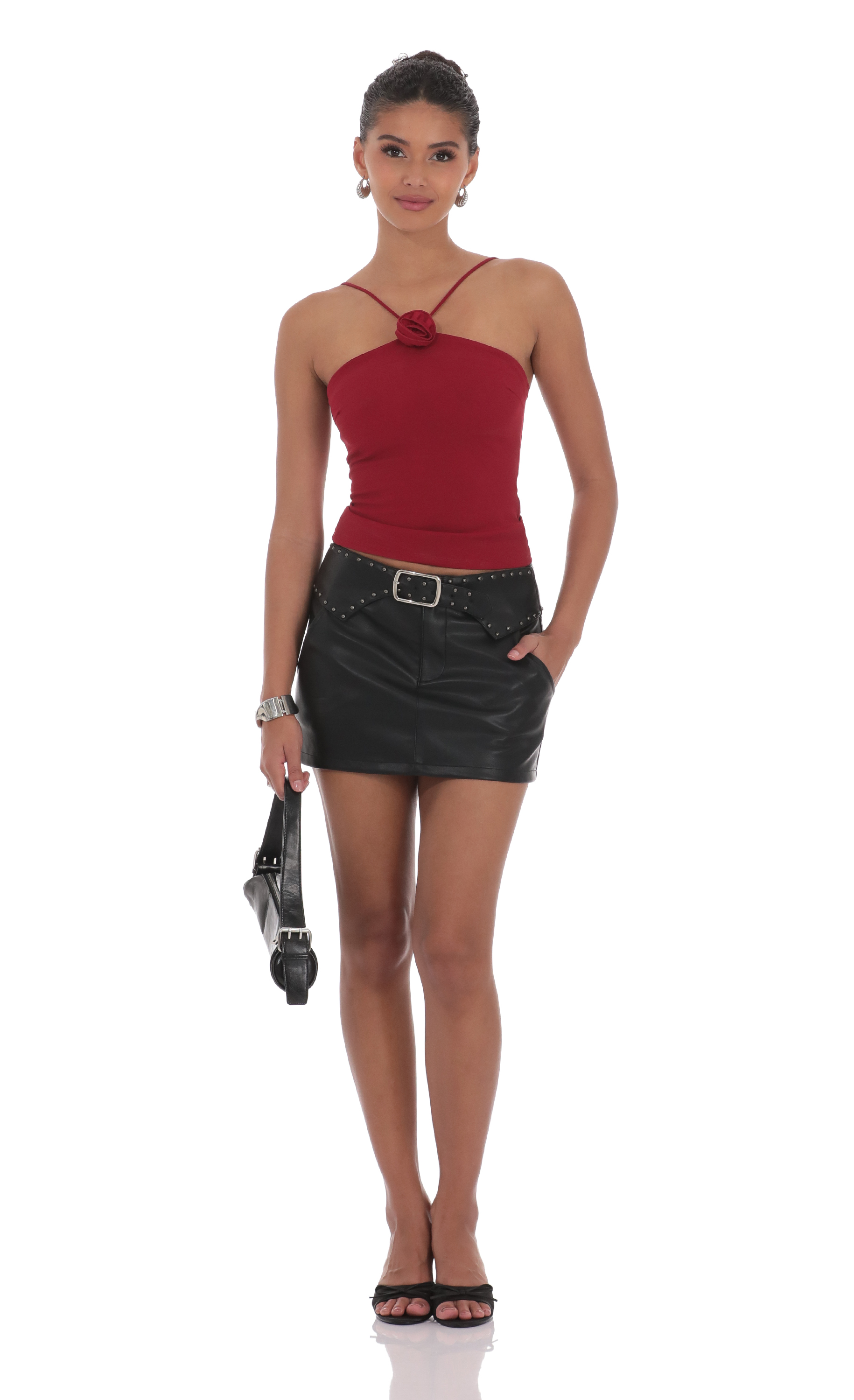 Studded Belt Faux Leather Skirt in Black