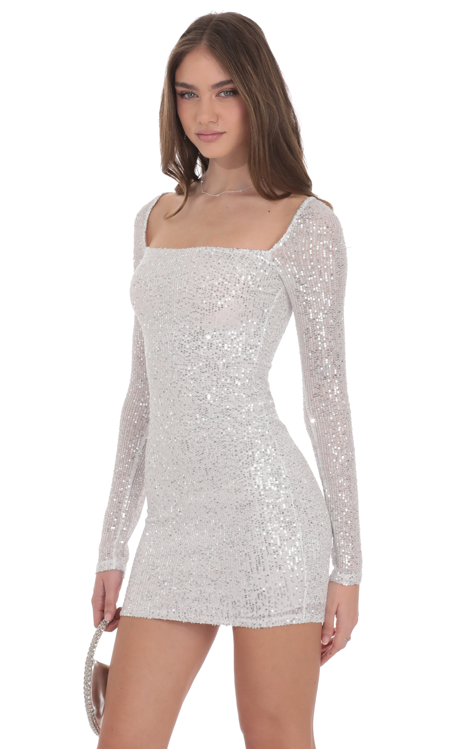 Sequin Long Sleeve Dress in Silver