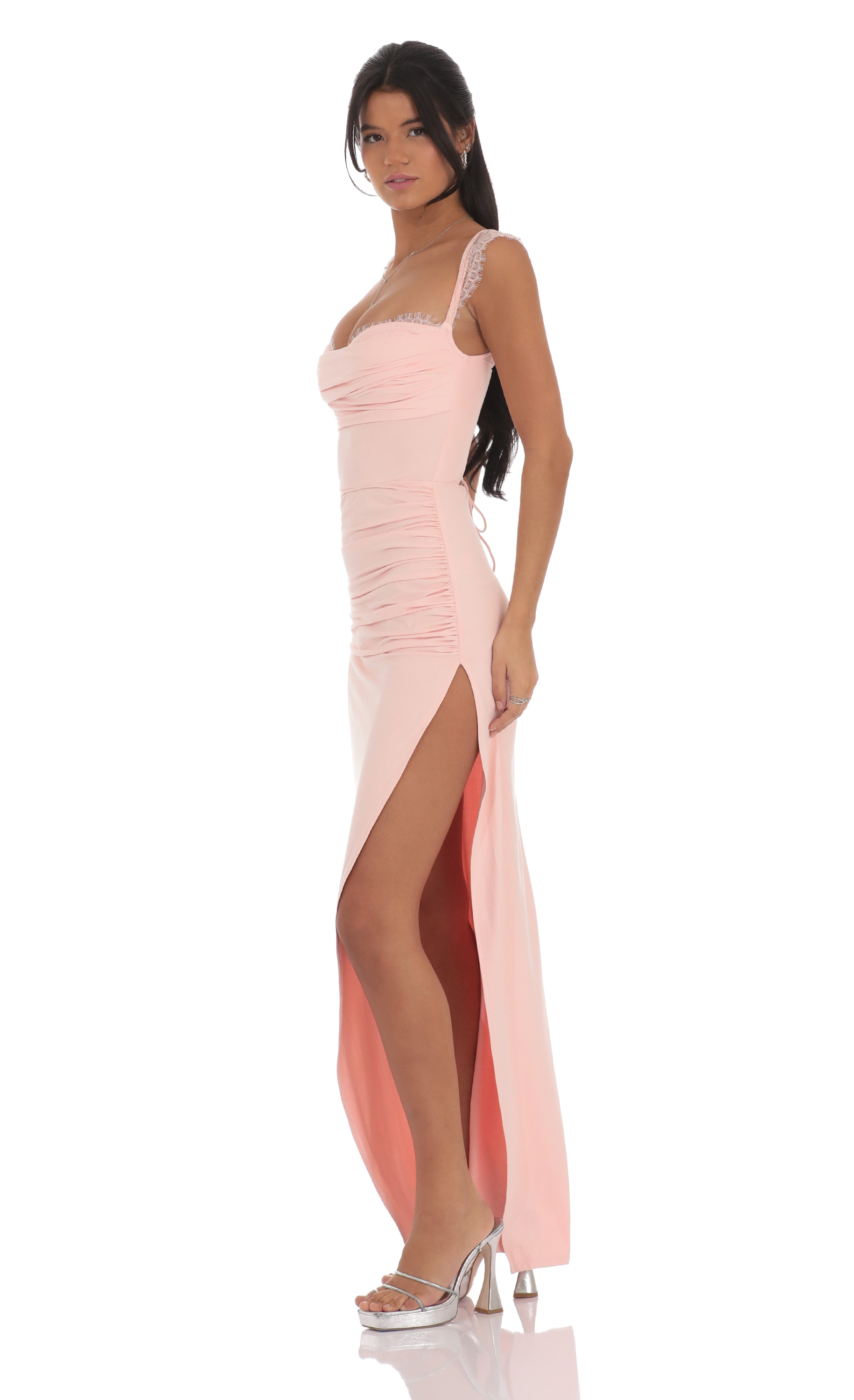 Suede Draped Lace Maxi Dress in Pink Suede Draped Lace Maxi Dress in Pink