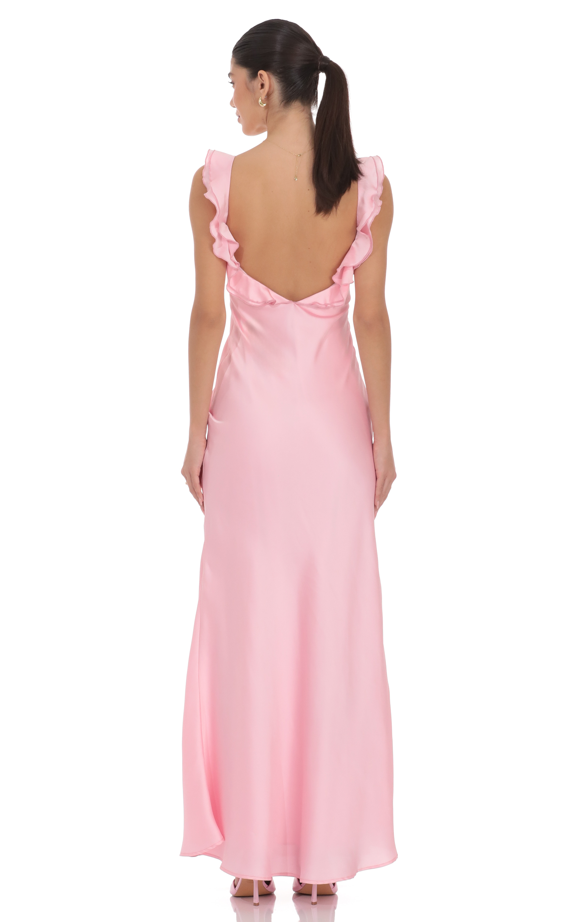 Satin Ruffle Open Maxi Dress in Pink