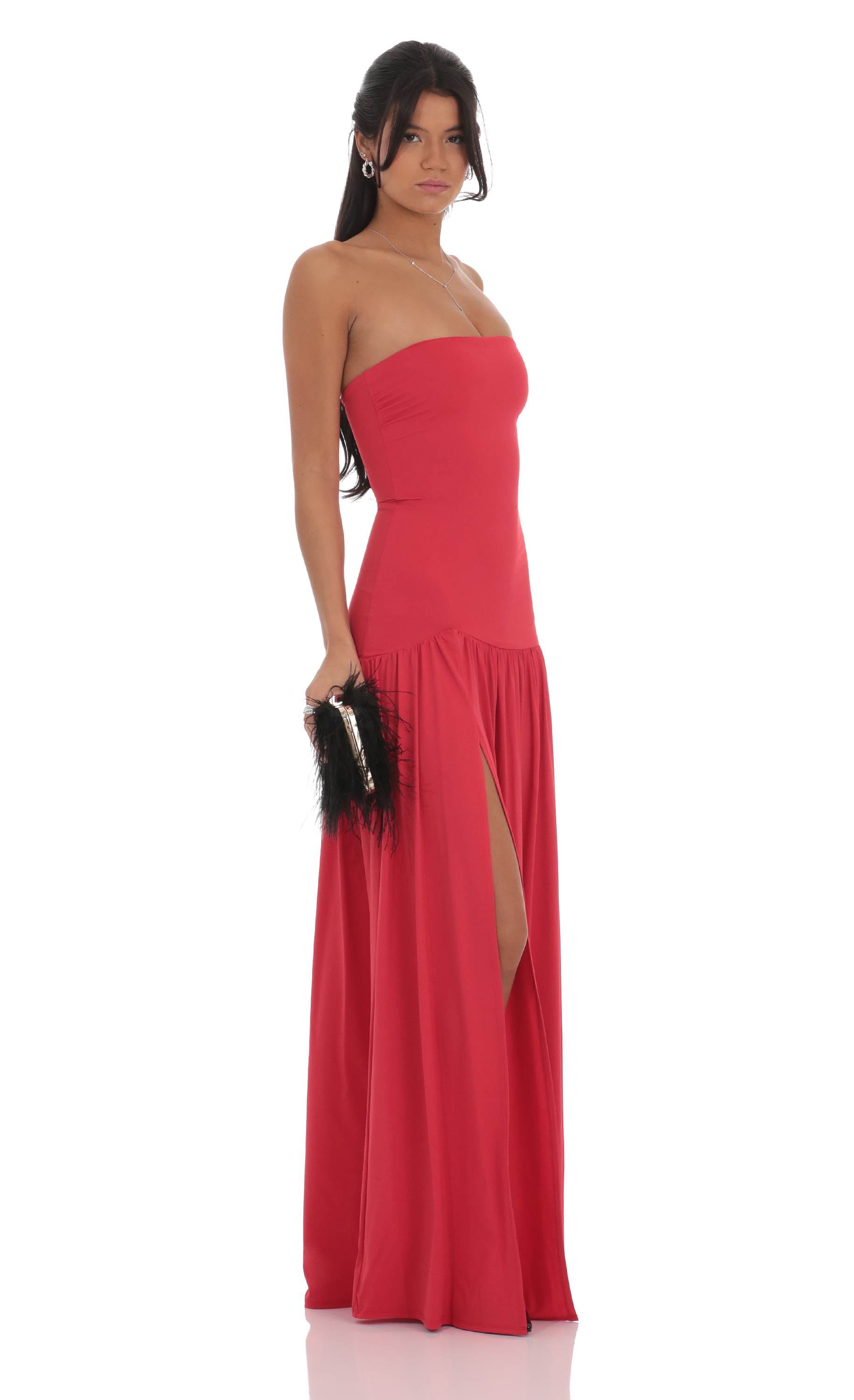 Strapless Drop Waist Maxi Dress in Red | LUCY IN THE SKY Strapless Drop Waist Maxi Dress in Red | LUCY IN THE SKY