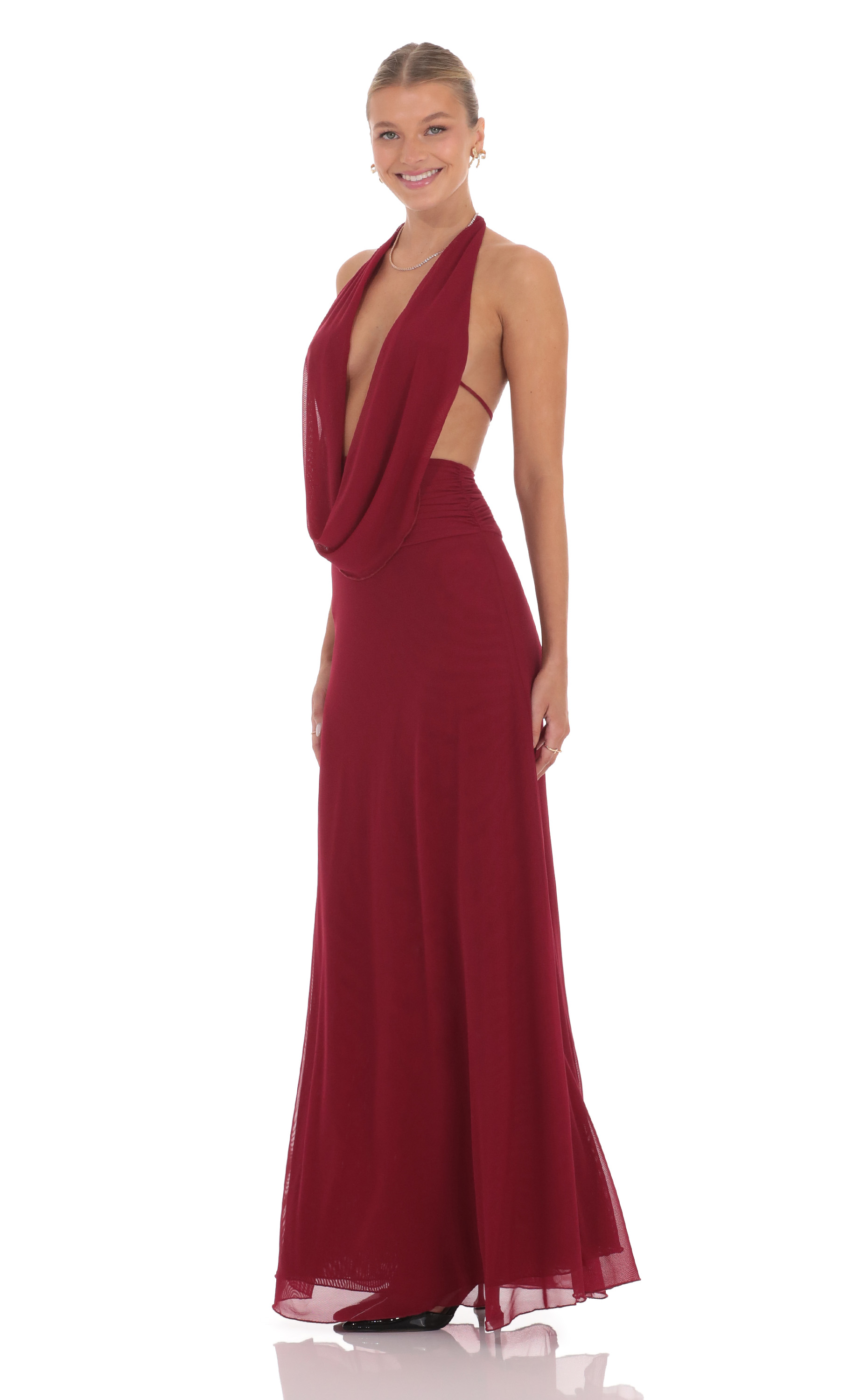 Mesh Plunge Cowl Neck Dress In Maroon