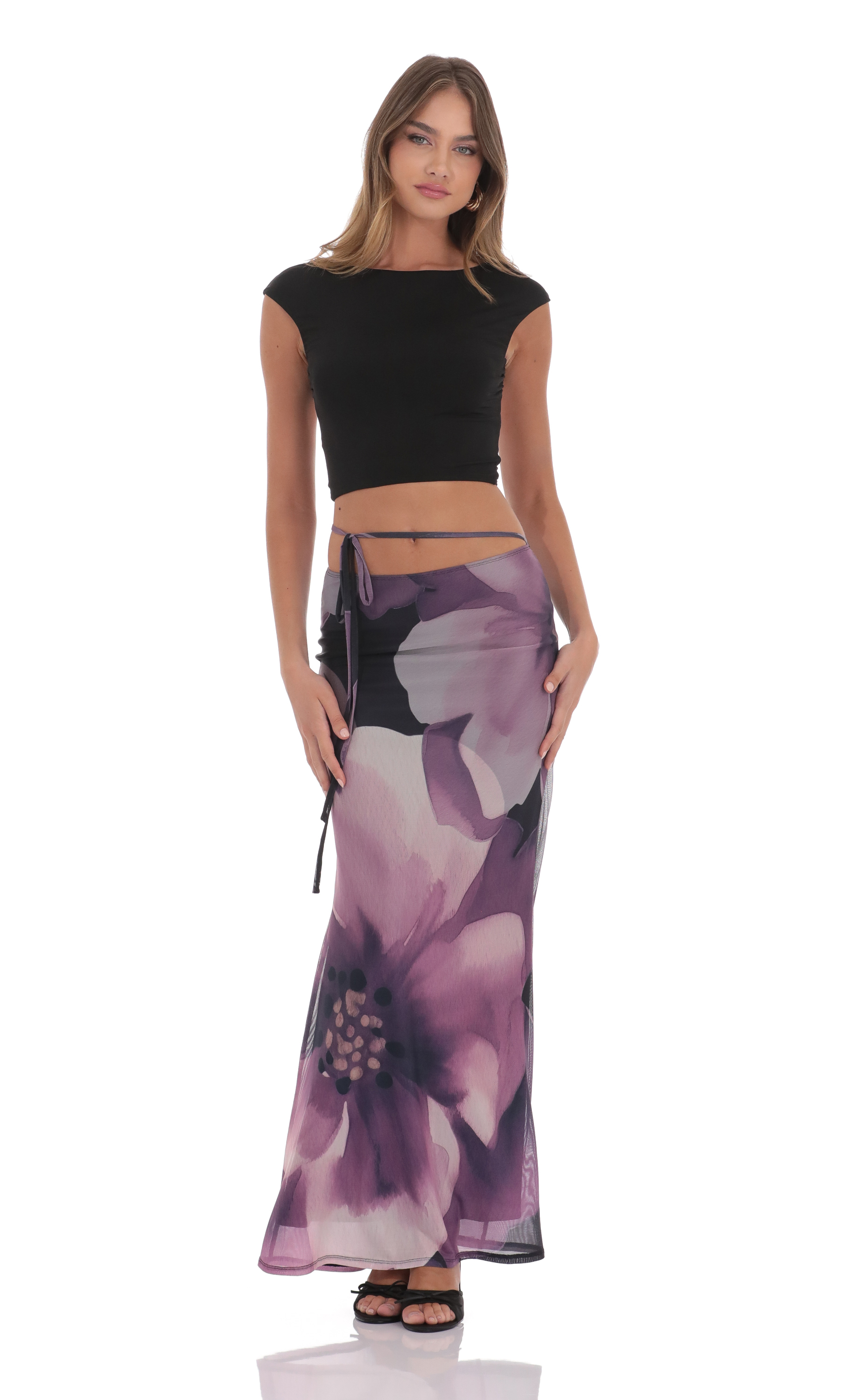 Mesh Floral Maxi Skirt in Purple