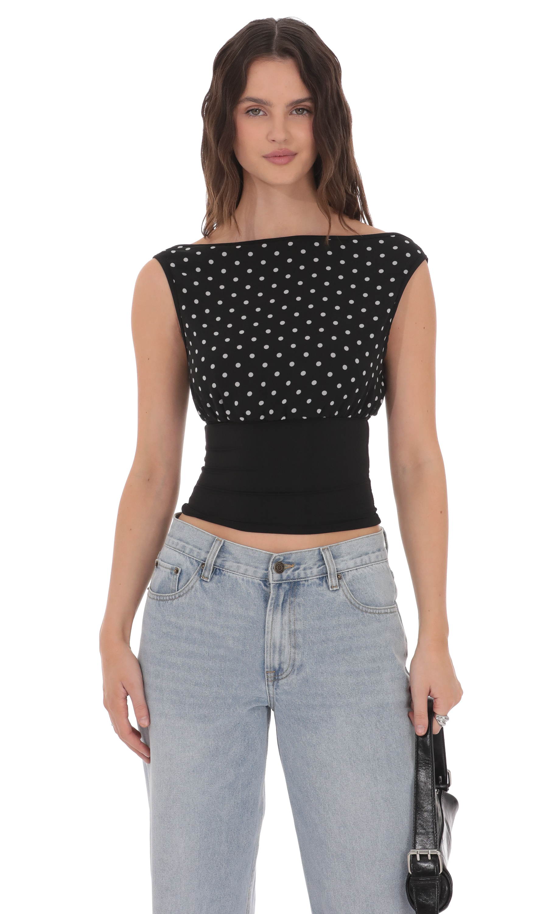 Polka Dot Boat Neck Top in Black