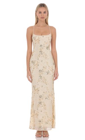 slim fit dress slacks Beaumont Cream Gold Dress | Occasion Dress in Sizes XXS–6X main image 0