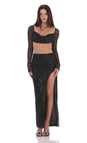 Plus Black Sequin Long Sleeve Button Up Crop Top | Plus Size